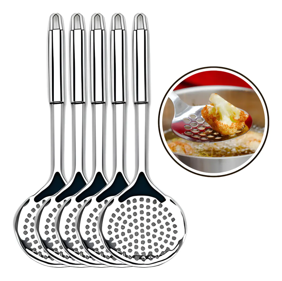 Kit 5 Escumadeiras Inox SQ 33cm Prateado Para Fritura Profissional