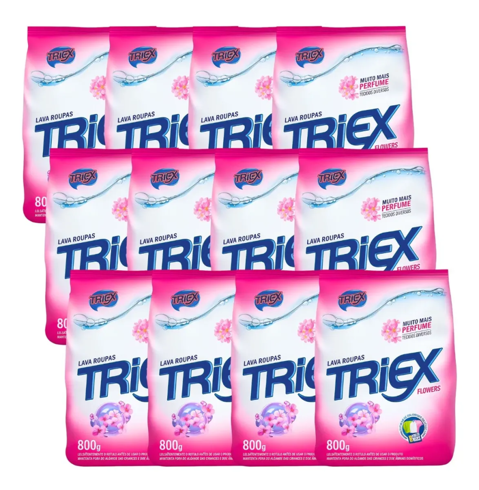 Kit 12 Lava Roupas Em Pó Triex Flowers 800g Protege Tecidos