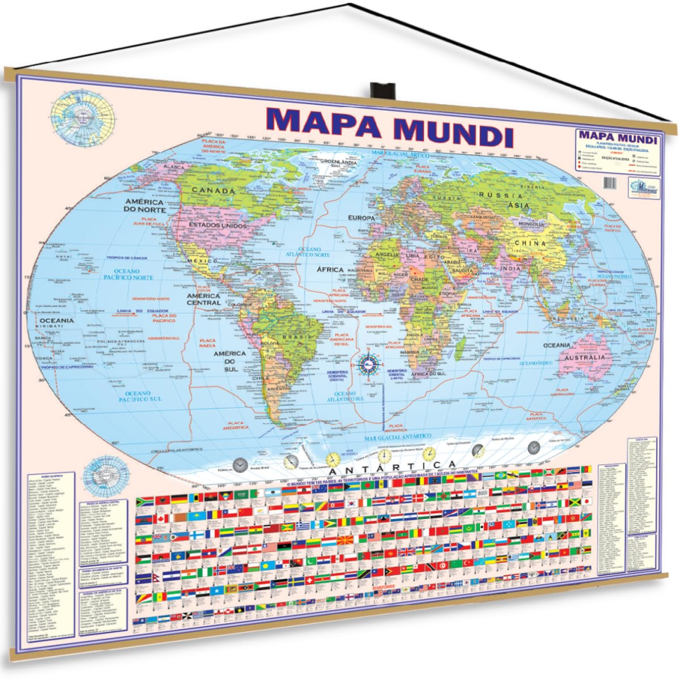 Banner Mapa Mundi Politico Escolar Bandeiras Planisfério Geográfico Geografia Pôster Pôster – Atlas, 1 novembro 2024