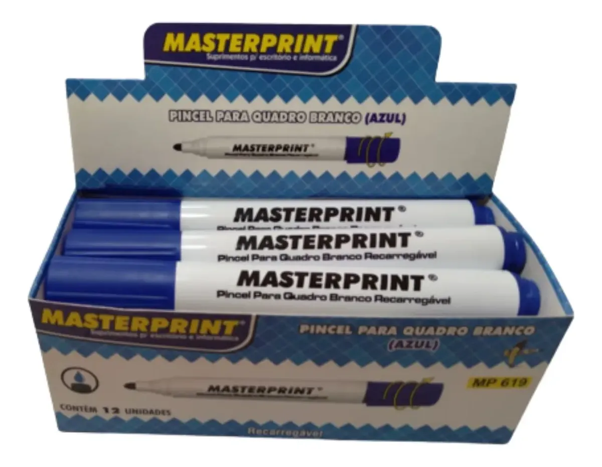 Caneta Pincel Marcador Quadro Branco Recarregável 12un Azul