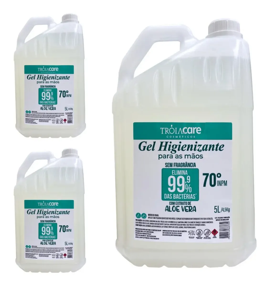 Álcool Gel 70% Antisséptico 3 Galões 5 Litros Não Grudento