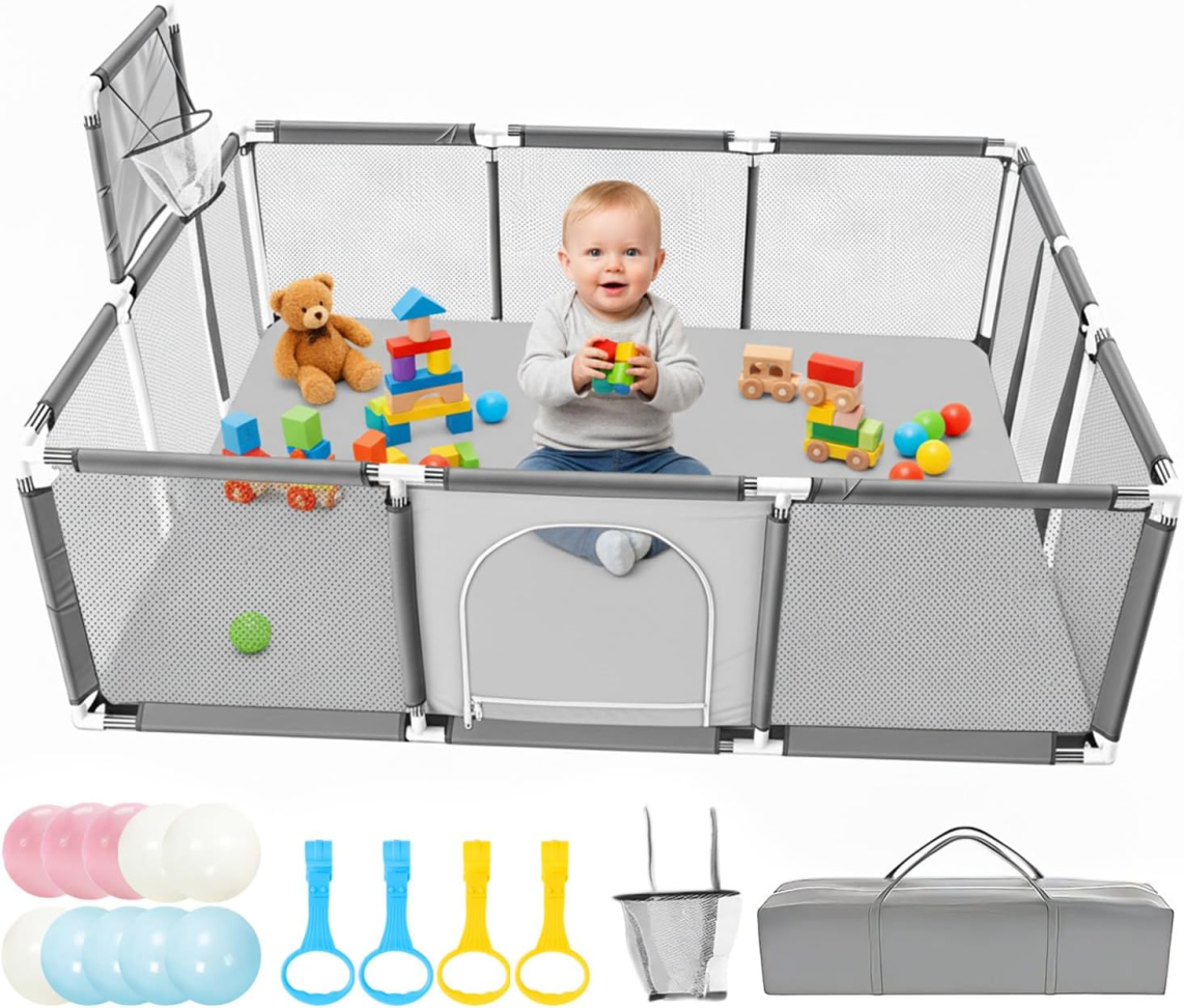 Cercadinho para Bebe 150×180 cm, Adequada para Crianças e Bebês, Uso Interno e Externo, Painéis com Tela Respirável e Antiqueda, Acompanha Bolinhas de Piscina, Alças de Apoio e Bolsa de Armazenamento