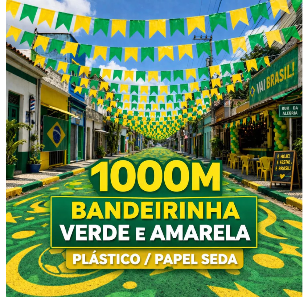 1000 Metros Bandeirinhas do Brasil Bandeirola Plástico 10m Decoração Copa do Mundo