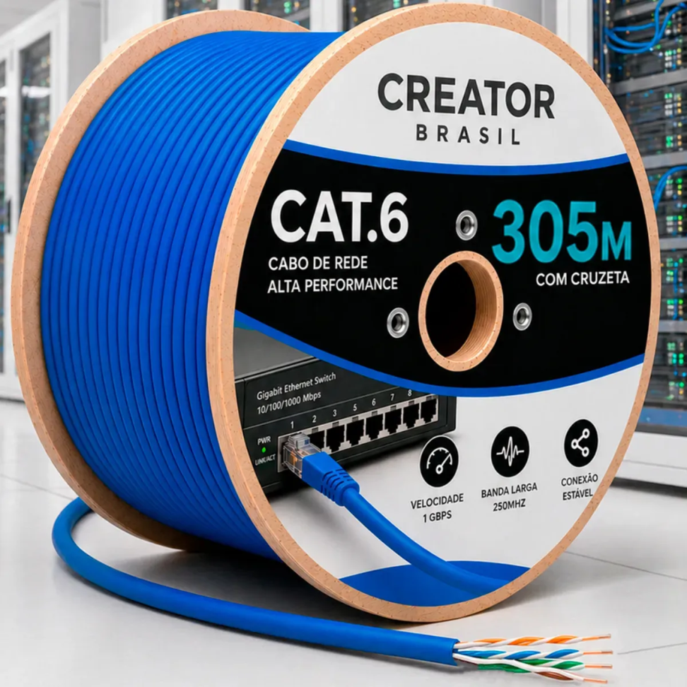 Cabo De Rede Internet 305 Metros Cat6 Giga Lan Ethernet Bobina Azul Para Crimpagem Rj45 Roteador Switch Patch Panel Cftv Cameras Ip Dvr Internet Estruturada Creator Brasil