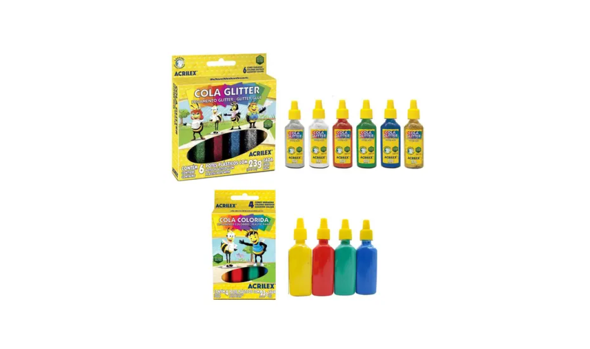 Kit Cola Colorida e Cola Glitter 10un Acrilex Uso Escolar ou Artesanato Colagem Pintura Relevos Coloridos em Papel