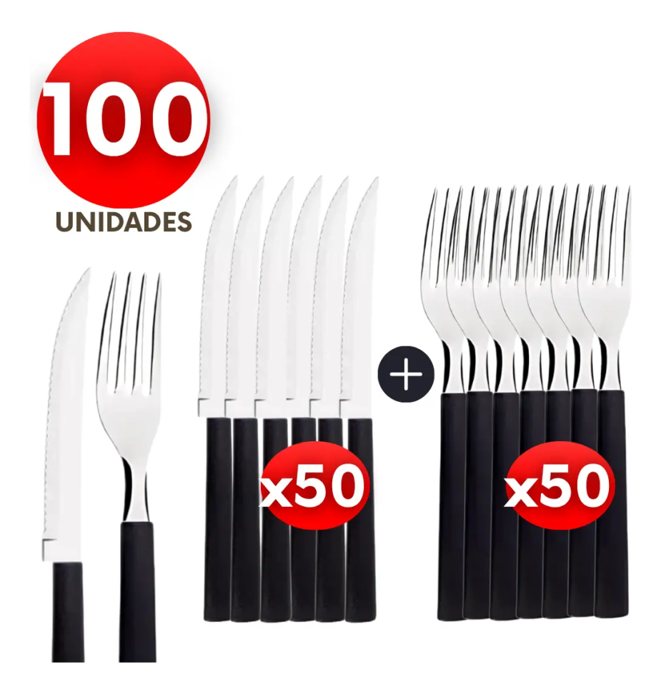 Kit 100 Talheres Garfos E Facas Inox Cabo Preto