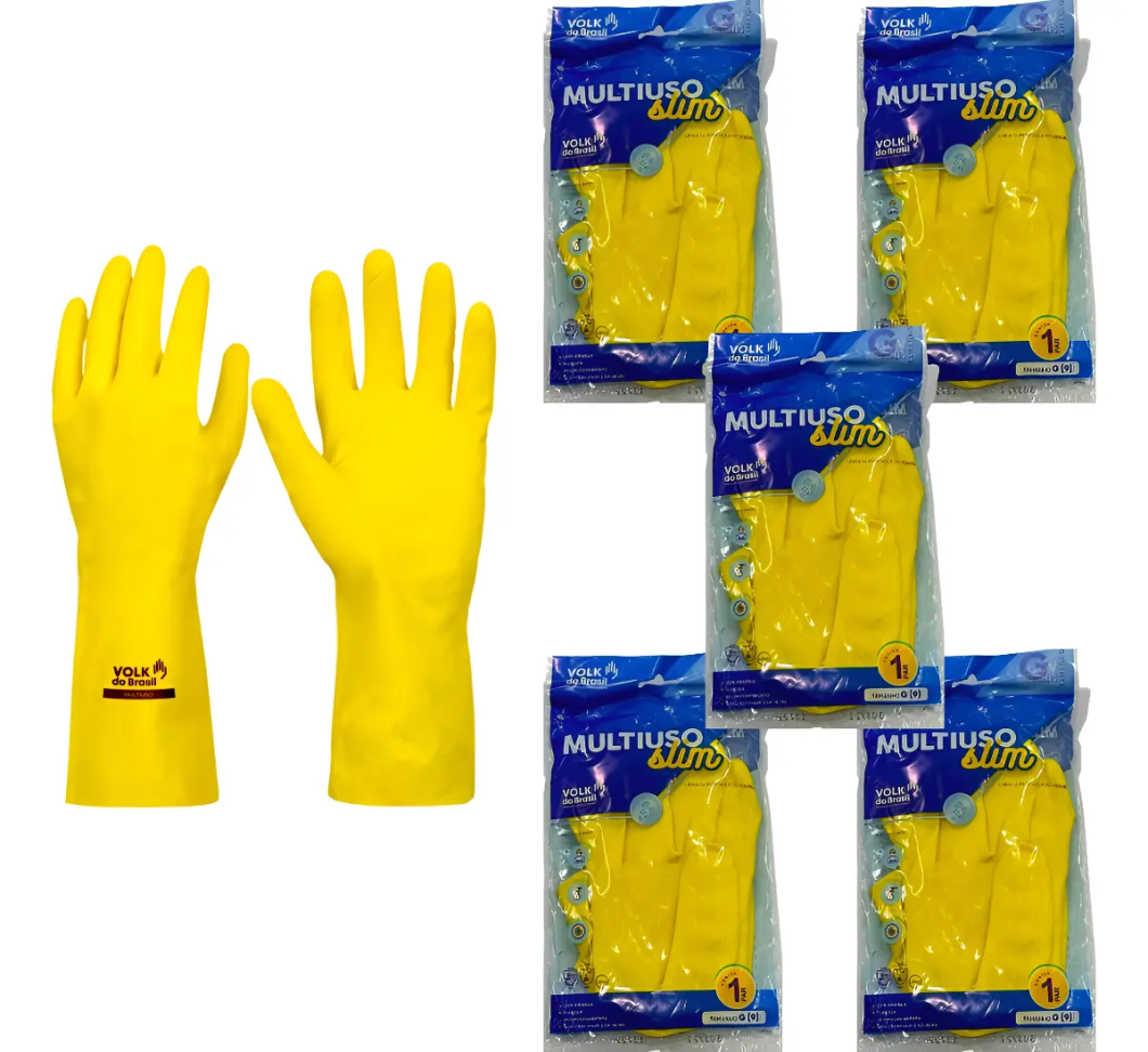 Kit 5 Prs Luva Látex Amarela Forrada Multiuso Limpeza Louça ( tamanho M e G)