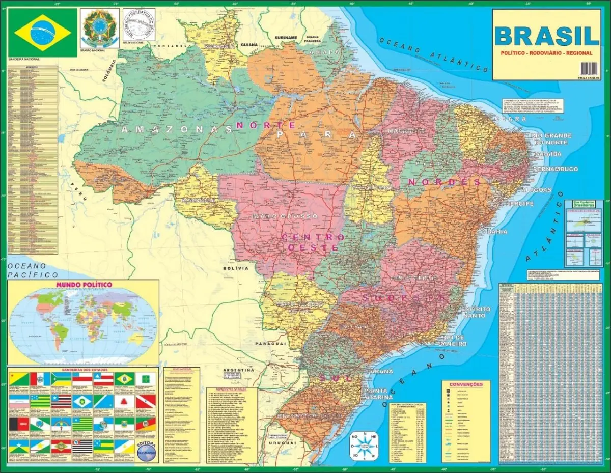 Mapa Brasil Ed. 2026 Politico Rodoviário 120 X 90 Cm Atualizado