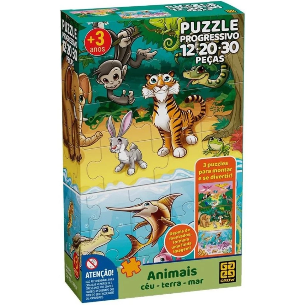 Quebra Cabeça Puzzle 3 em 1 Animais Terra, Céu e Mar 12-20-30 Peças - Grow
