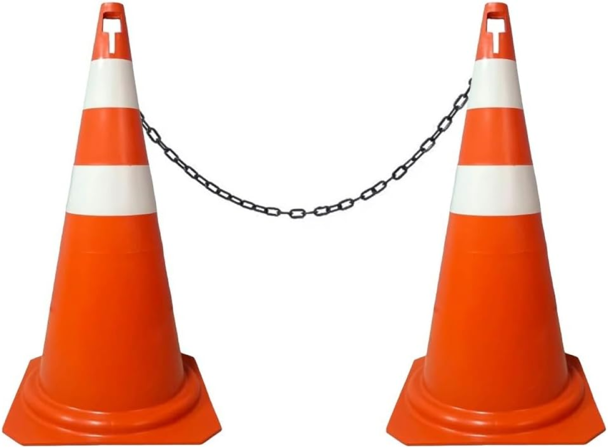 Kit com 2 Cones de Sinalização Grande 75cm Laranja e Branco p/Estacionamento Trânsito Obras + 2 mts de corrente de 5mm