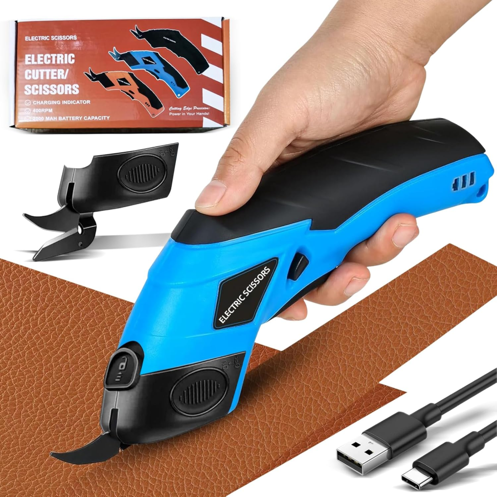 Tesoura Elétrica Multifuncional Recarregável, Corte de Tecido, Couro, Papel, Plástico, 2000mAh Bateria de Lítio, 400-10000 RPM, com Lâminas Substituíveis, para Costura, Artesanato e Uso Doméstico