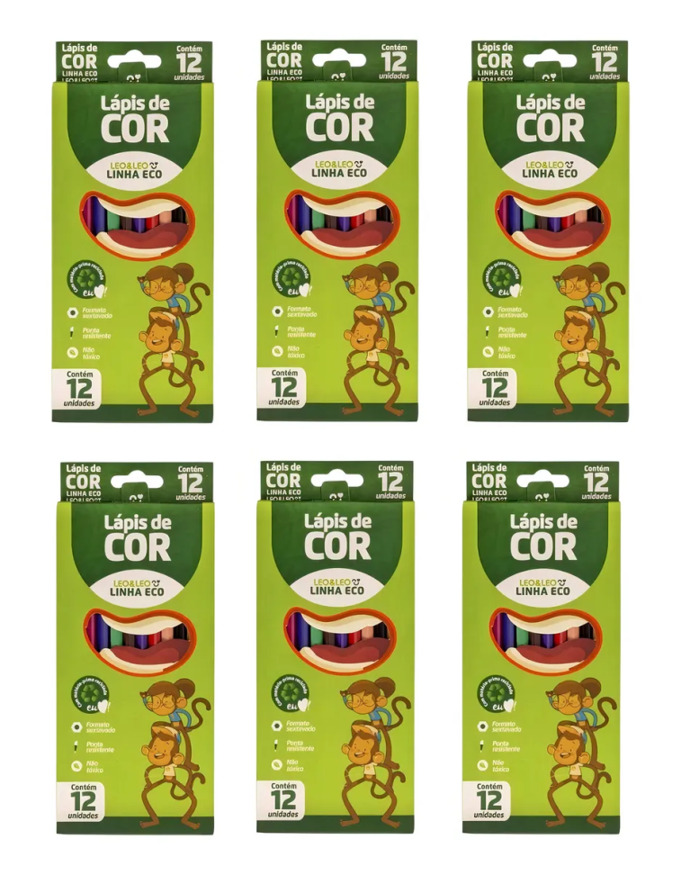 Lápis de Cor Ecológico Leo & Leo 12 Cores Kit com 6 Caixas Colorido