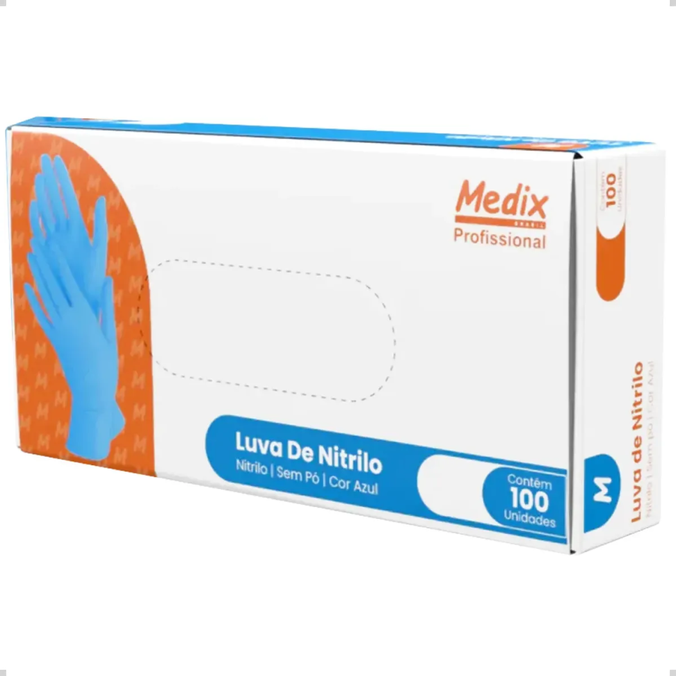 Luva Descartável Nitrílica Nitrilo Medix Azul tamanho M 100 unidades