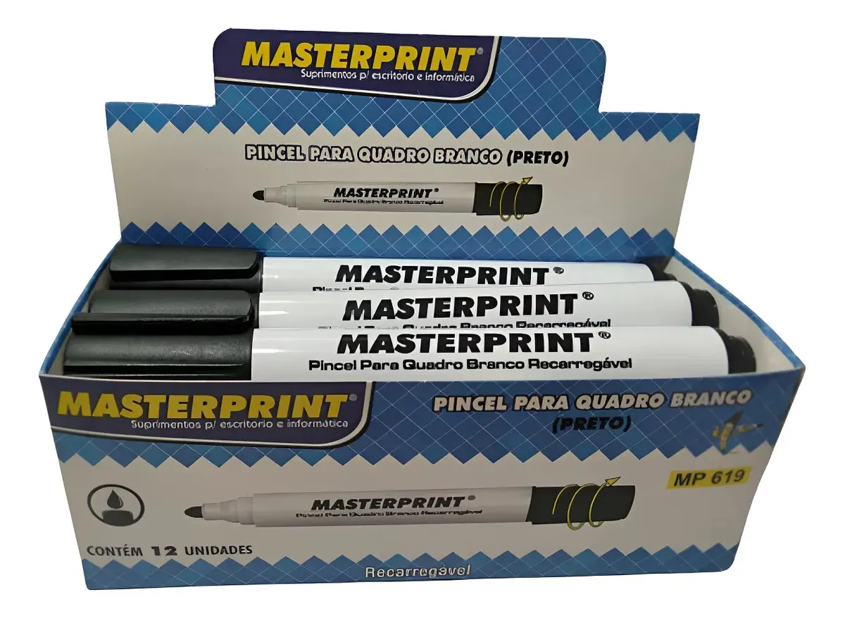Caneta Pincel Marcador Quadro Branco Recarregável 12un Preto