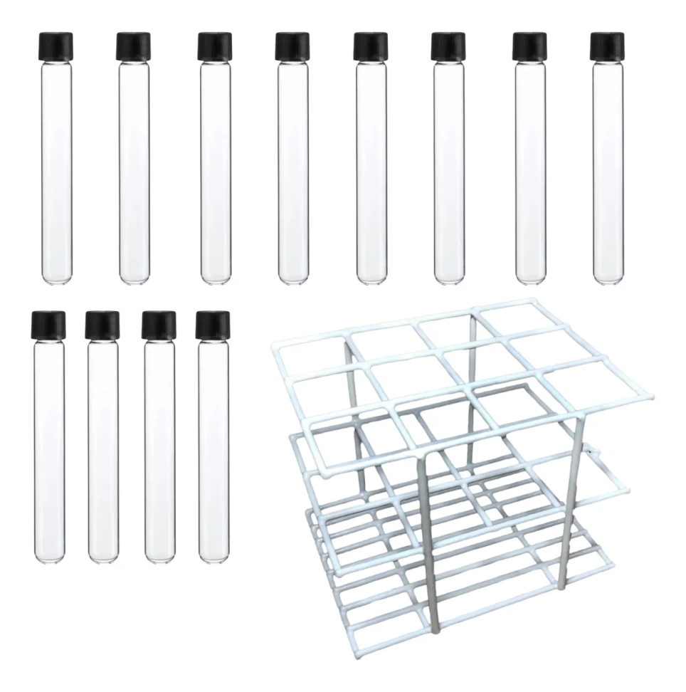 12 Tubos De Ensaio Vidro 15x150mm + Estante P/ 12 Tubos 16mm