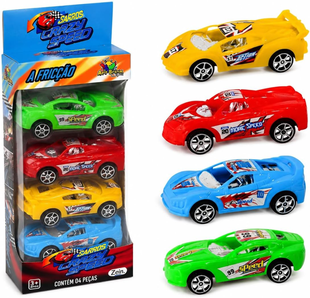 Kit com 4 Carrinhos de Fricção Super Carros Crazy Speed Coloridos 9cm Infantil