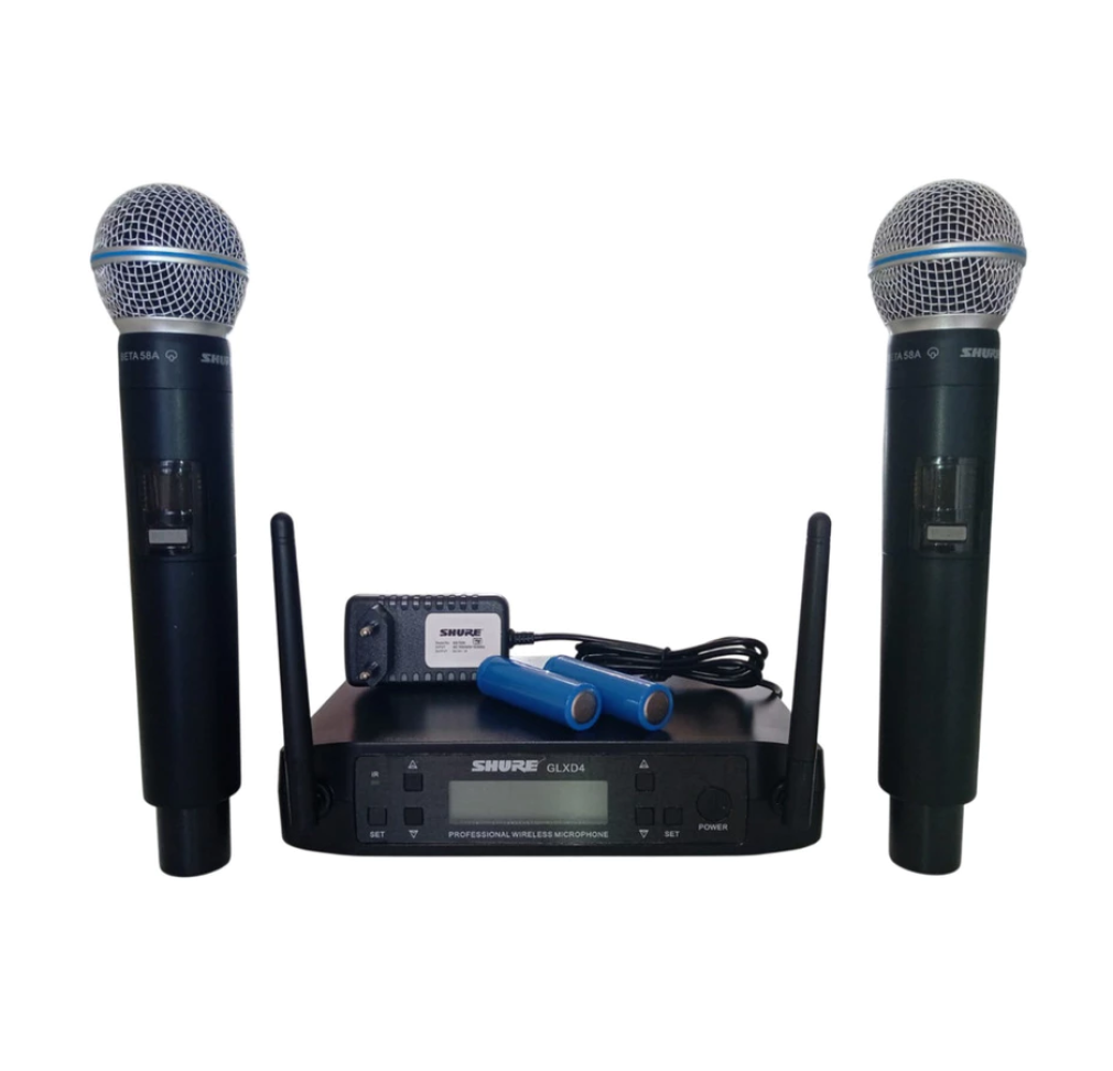 Microfone Shure profissional GLXD4 UHF sem fio duplo cardióide - cápsula Beta 58A - RECARREGÁVEL