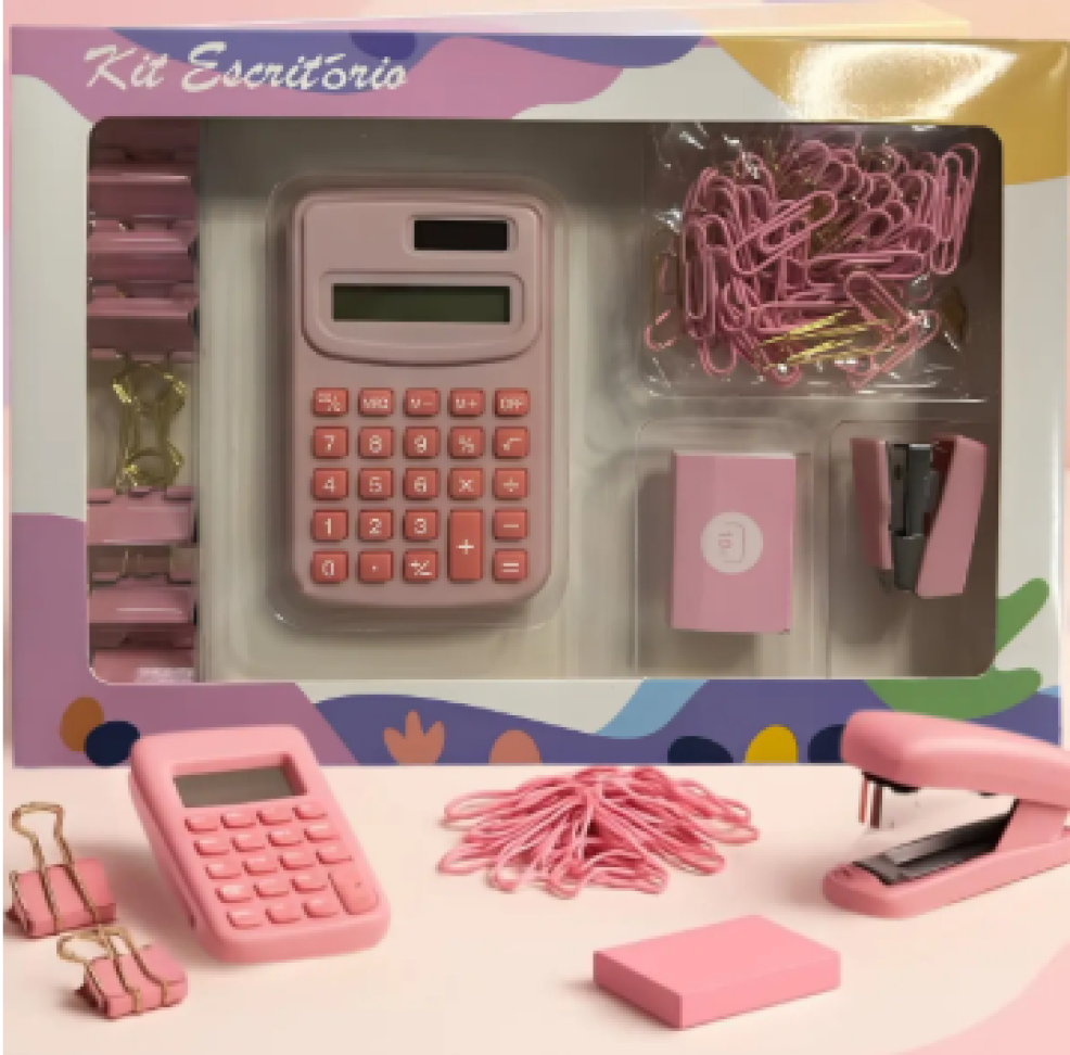 Kit Escritório Escolar Calculadora 90 Itens Papelaria Fofa
