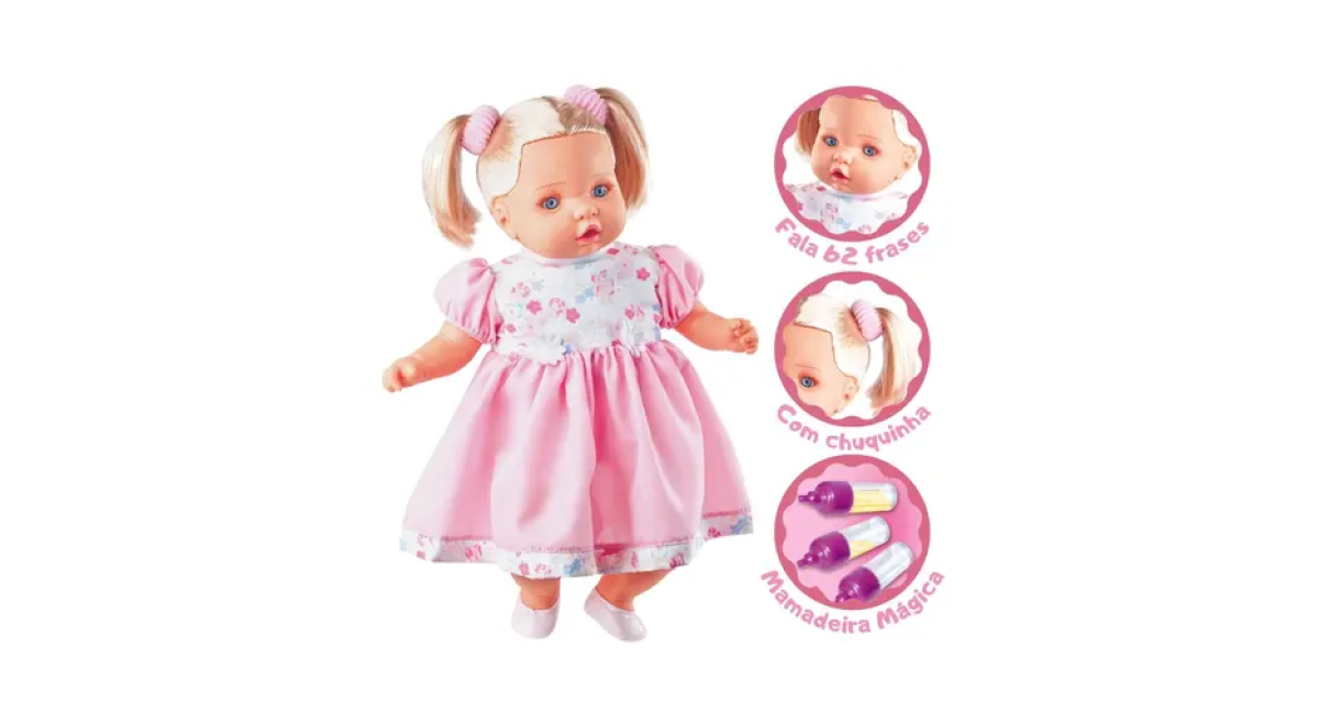 Boneca Angelina Grande Fala 62 Frases Com Mamadeira Mágica Infantil Menina - Milk Brinquedos