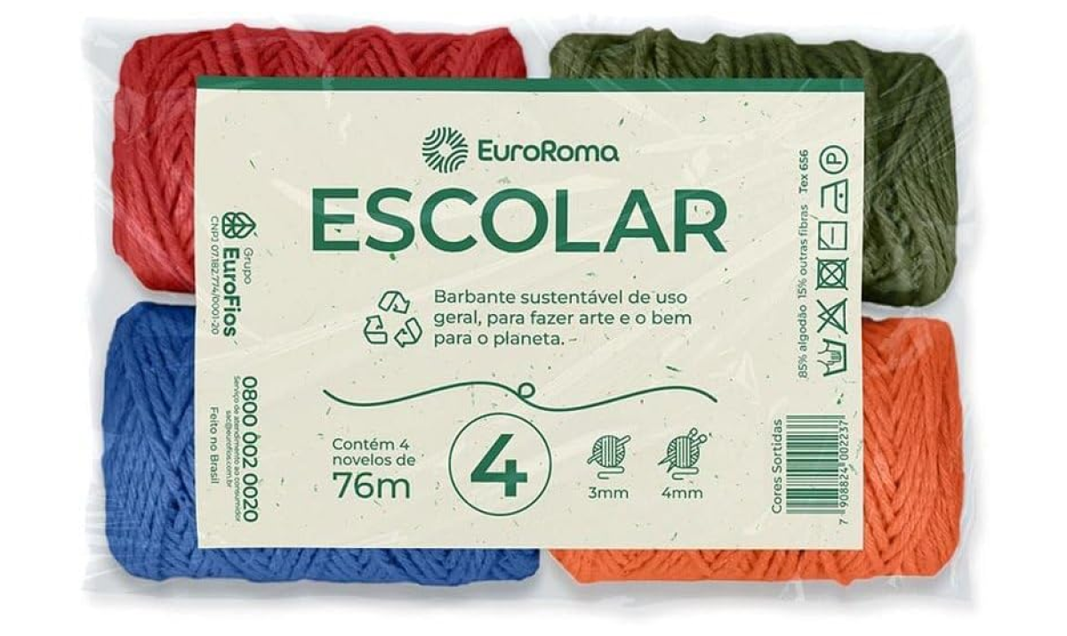 Barbante Colorido, Euroroma, 50 Gramas, Escolar, 4/4, 76 Metros, Sortido, Pacote com 4