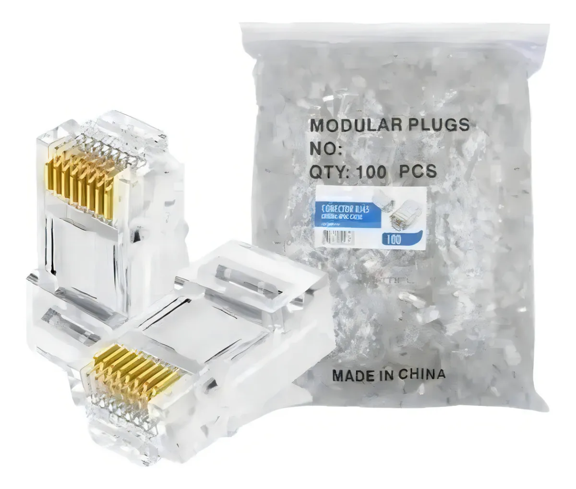 Kit com 100 Conector Rj45 Utp Cat5e Banho De Ouro Cabo De Rede.
