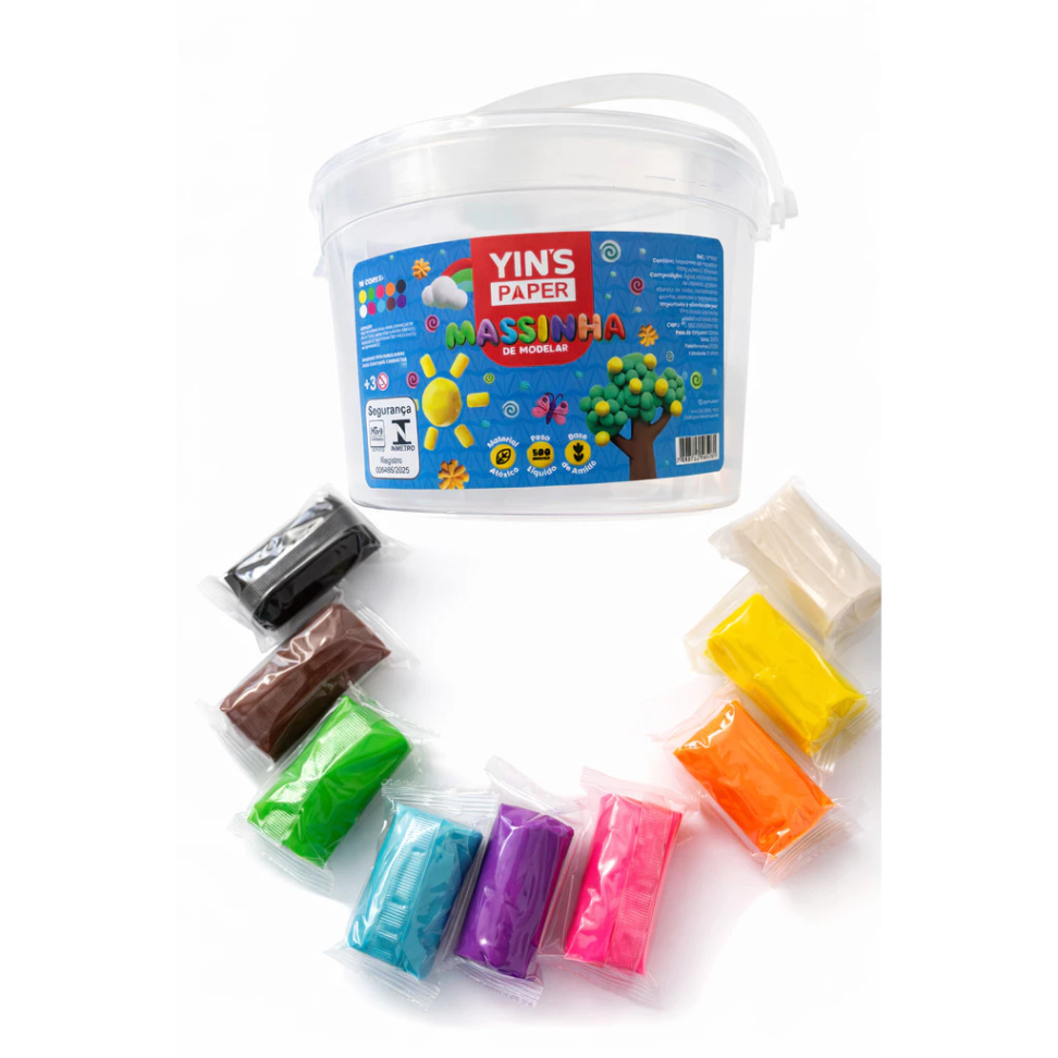 Massinha de Modelar Balde 500g 10 Cores vibrantes - Criatividade - Meio Kg de Pura Diversão + Brinde