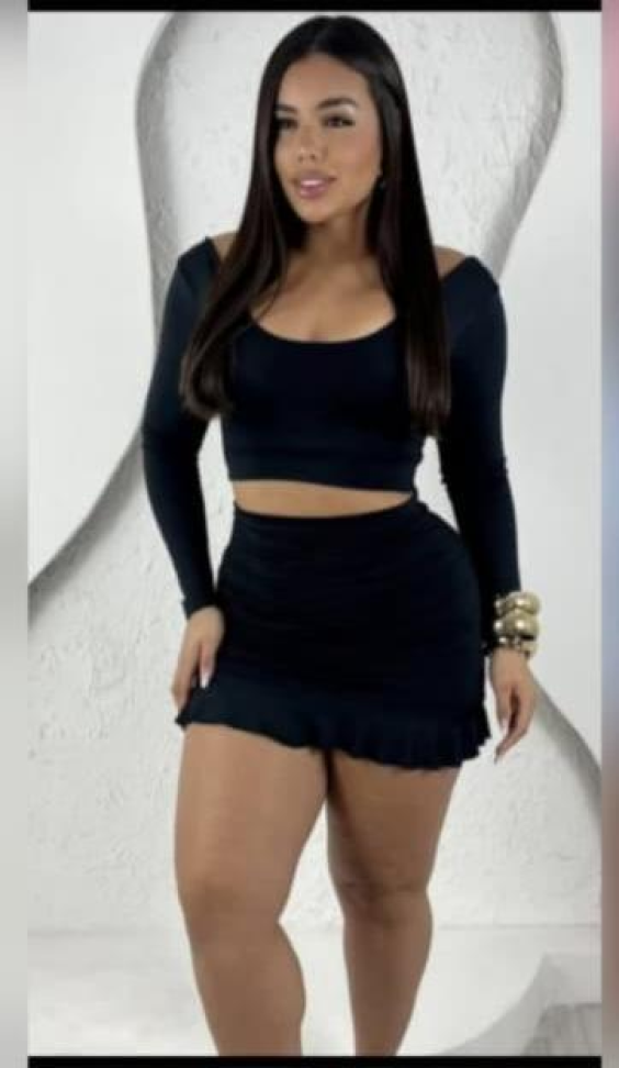Conjunto saia drapeada babado e cropped manga longa 325