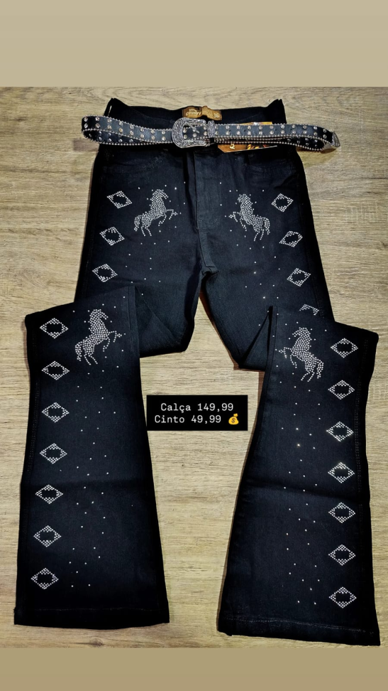 Calça jeans country bordada de strass 14562