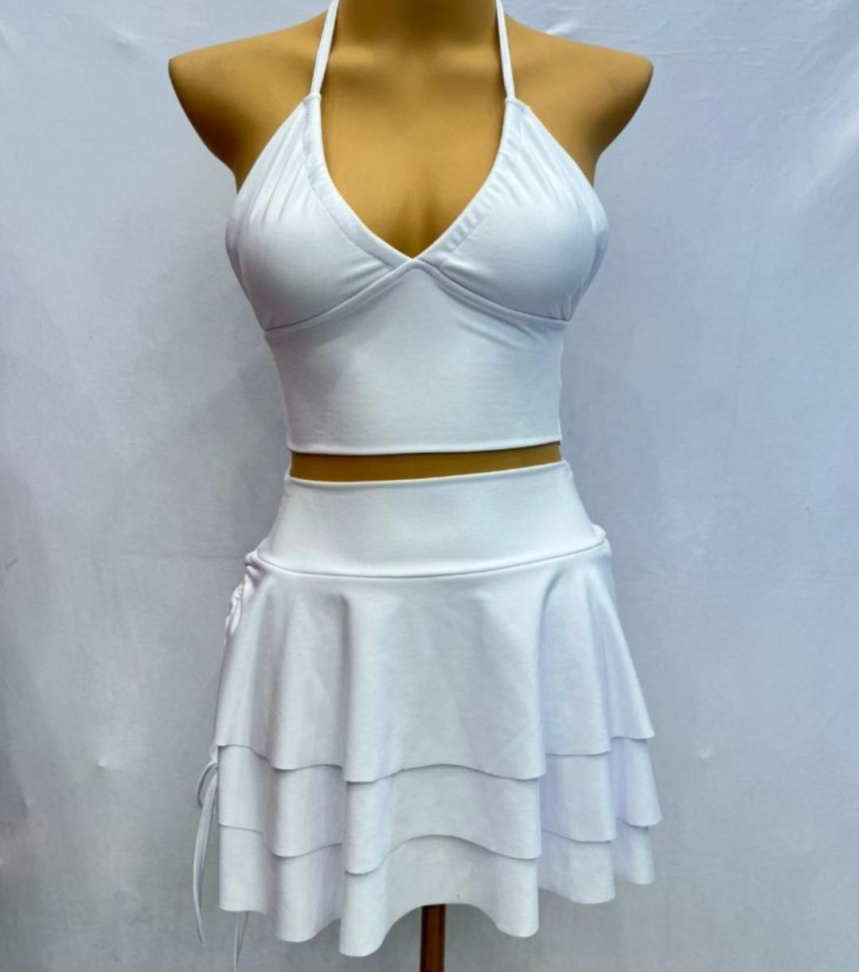 Conjunto short saia babado e cropped amarração 320