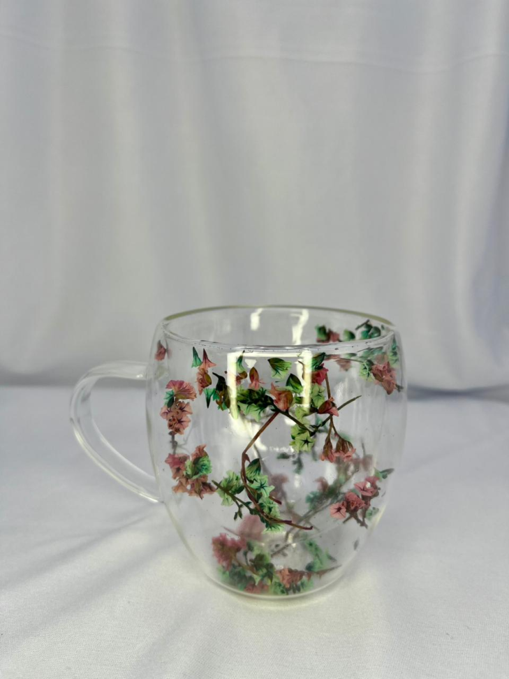 CANECA EM VIDRO BOROSSILICATO COM PAREDE DUPLA E FLORES SECAS - 250 ML - #6