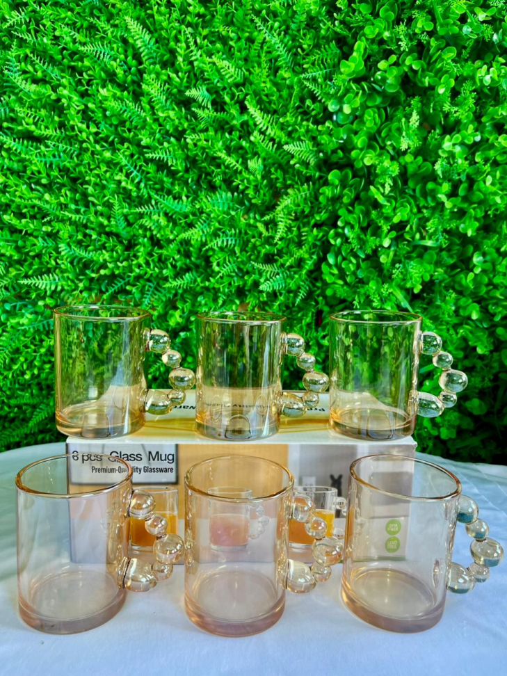 CONJUNTO - 6 CANECAS DE VIDRO ÂMBAR COM ALÇA DETALHADA - 330 ML