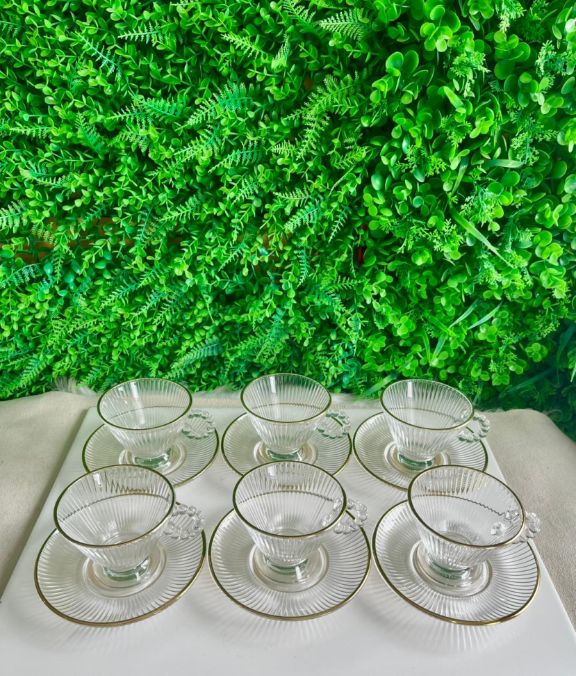 CONJUNTO - 6 XÍCARAS DE VIDRO COM PIRES (BORDA DOURADA) - 165 ML