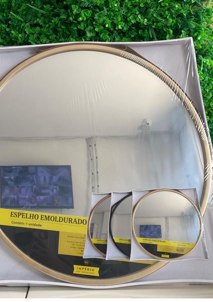 Espelho redondo 53cm com alça de couro IMP-042