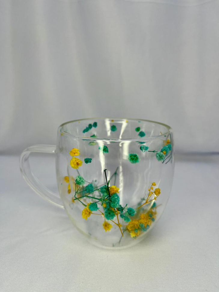 CANECA EM VIDRO BOROSSILICATO COM PAREDE DUPLA E FLORES SECAS - 250 ML - #10