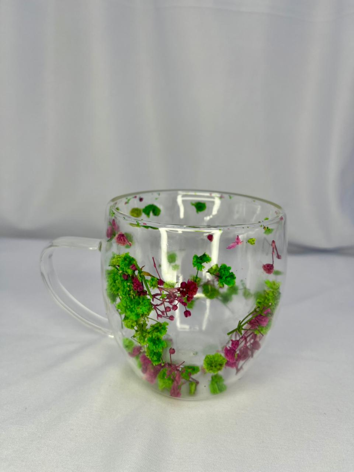CANECA EM VIDRO BOROSSILICATO COM PAREDE DUPLA E FLORES SECAS - 250 ML - #4