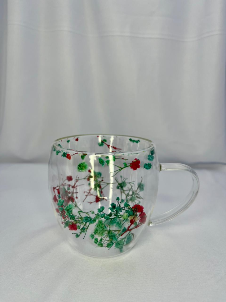 CANECA EM VIDRO BOROSSILICATO COM PAREDE DUPLA E FLORES SECAS - 250 ML - #12