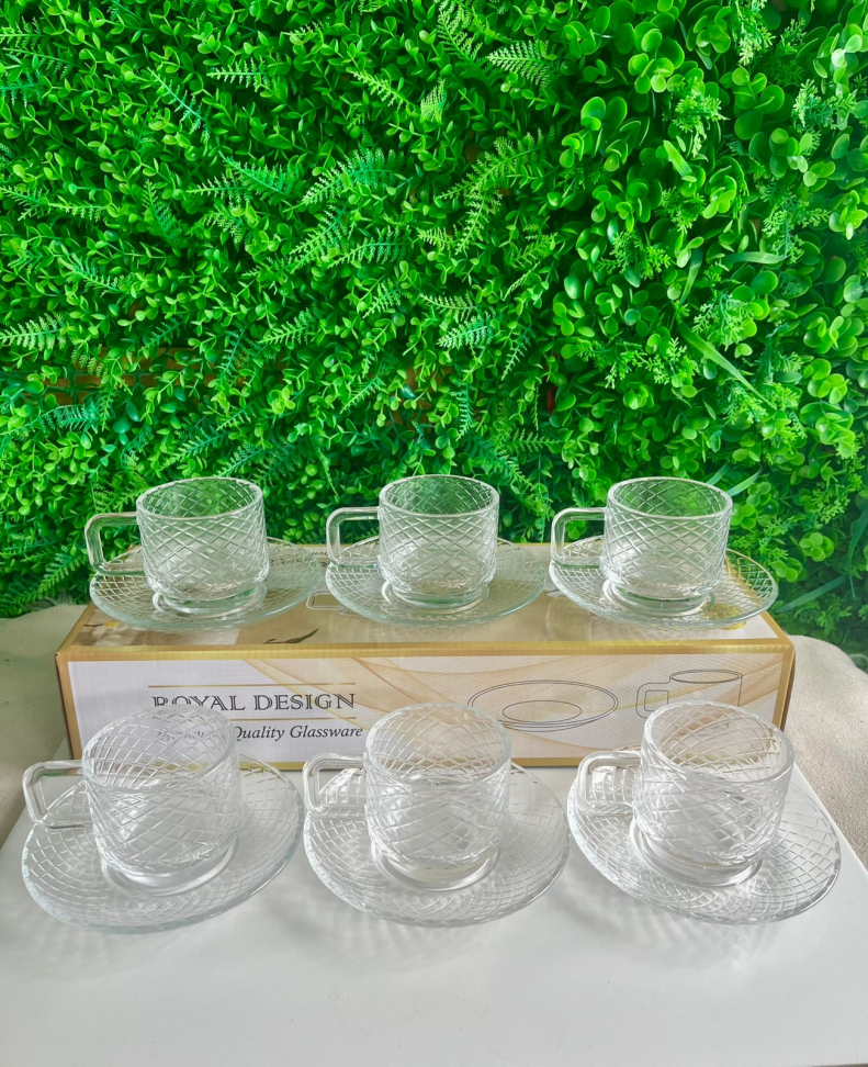 CONJUNTO - 6 XÍCARAS DE VIDRO COM PIRES (DETALHADA) - 230 ML