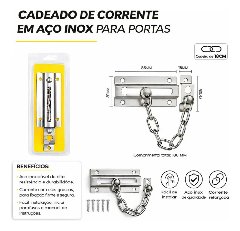 Trava Auxiliar Pega Ladrão Corrente de Segurança Aço Inox