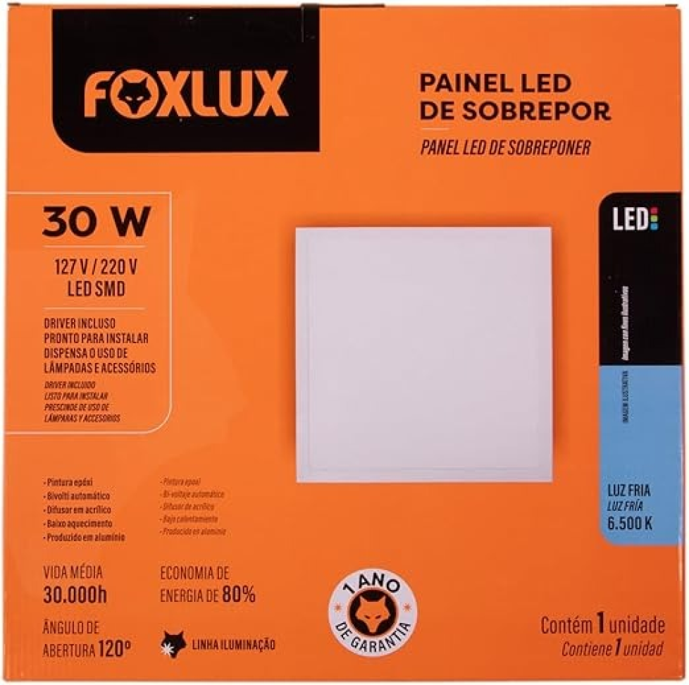 Painel de Led Sobrepor Quadrado 30W 6500K Branco