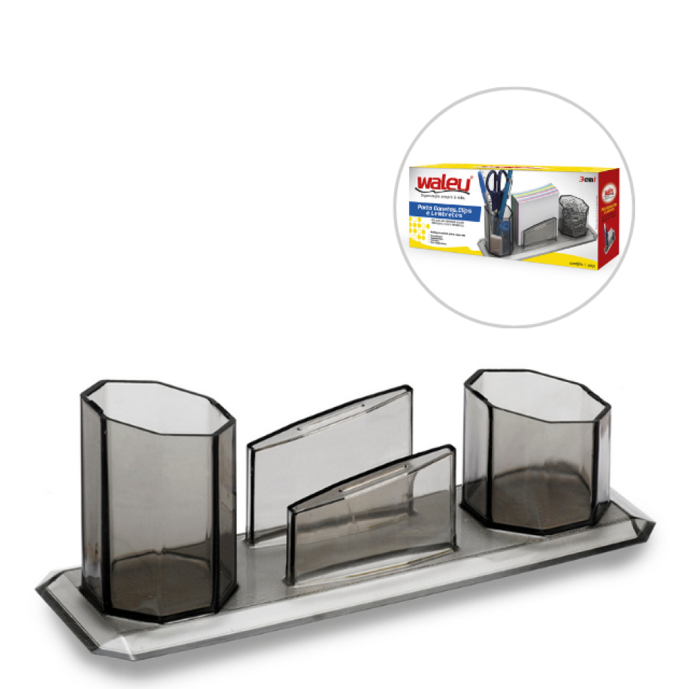 Porta Objeto Maxcril Triplo Canetas, Clips e Lembrete Preto