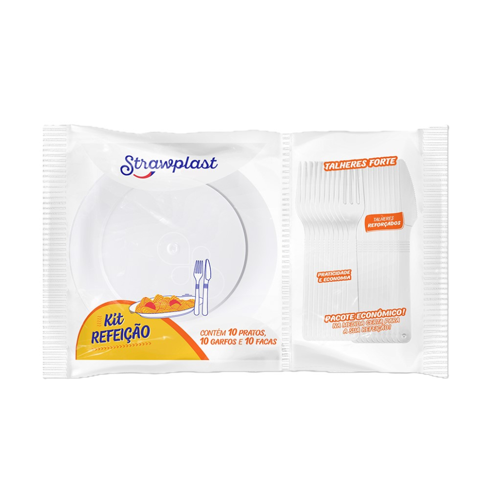Kit Refeição Strawplast 10 Pratos, 10 Garfos e 10 Facas Fortes Brancas