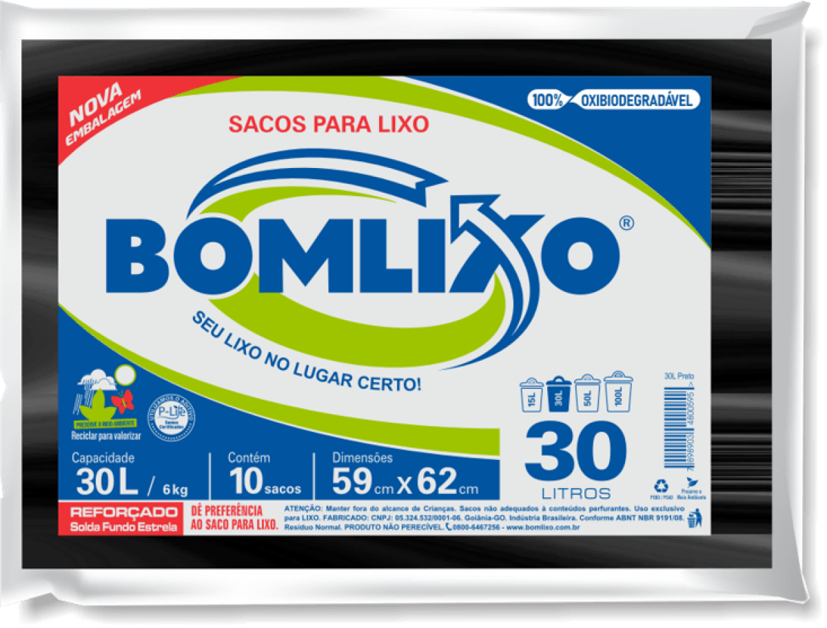 Saco para Lixo Bomlixo 30L Preto Pacote C/10