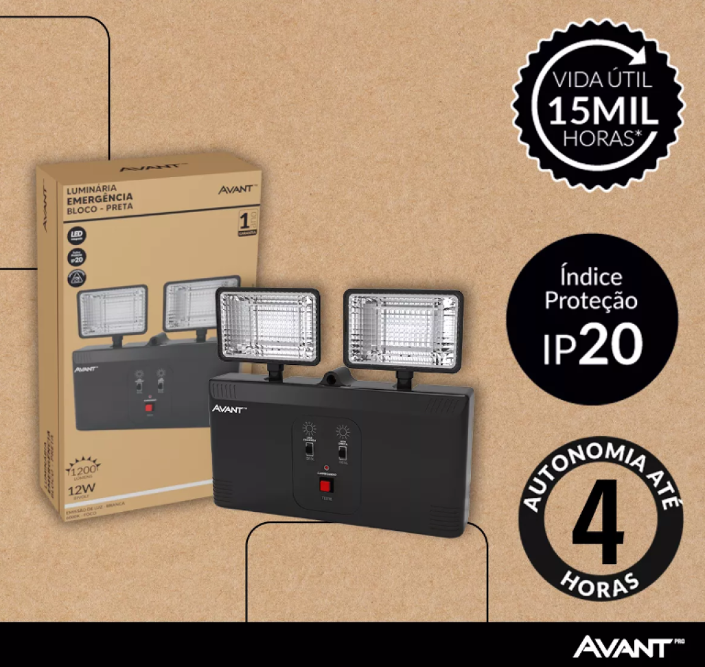 Luz de Emergência Avant Led 12W 2 Faróis Preta Bivolt