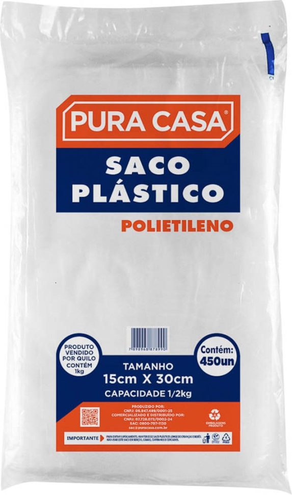 Saco Plástico Transparente Pura Casa 15x30 C/10 Sacos
