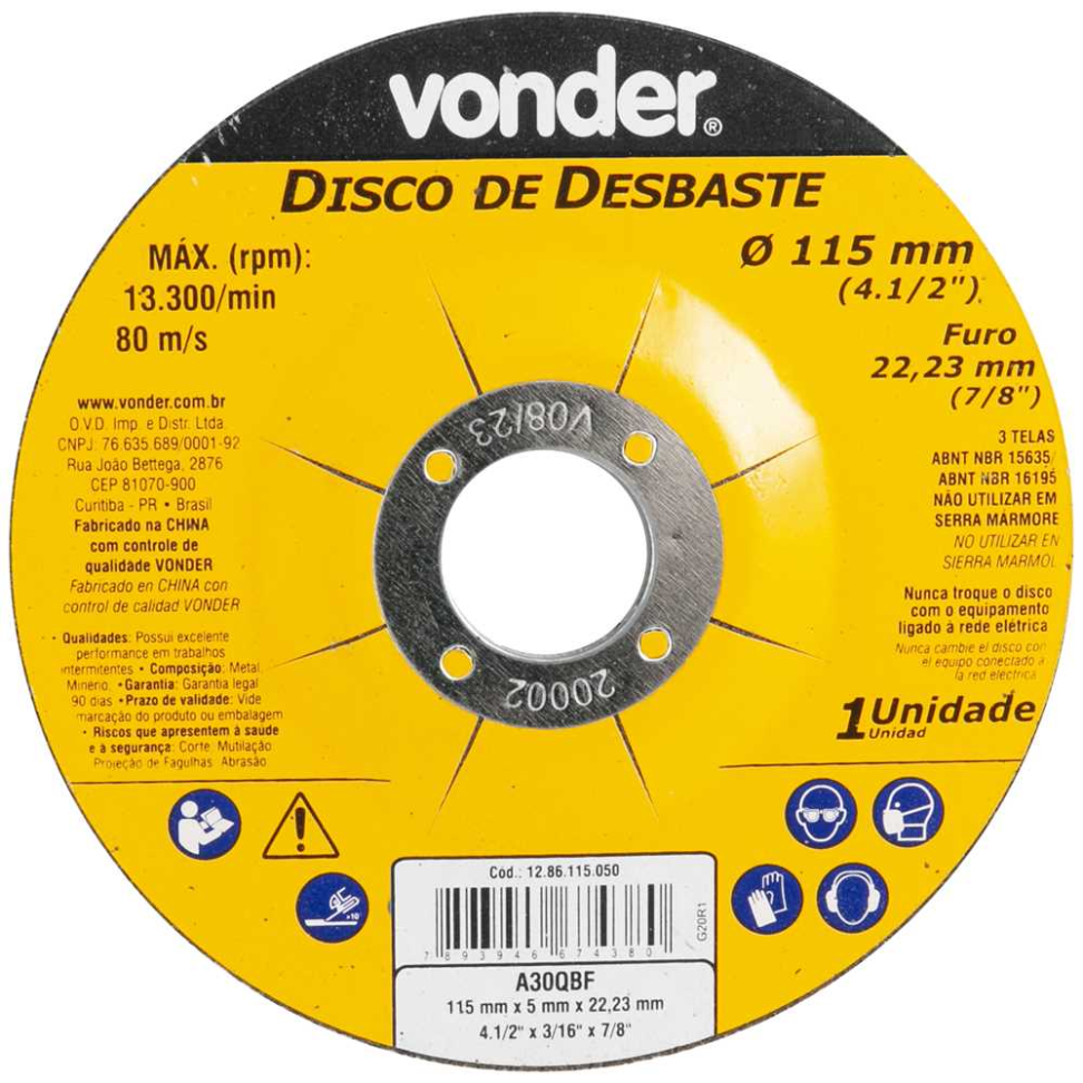 Disco de Desbaste Vonder 115,0 x 5,0 x 22,23mm