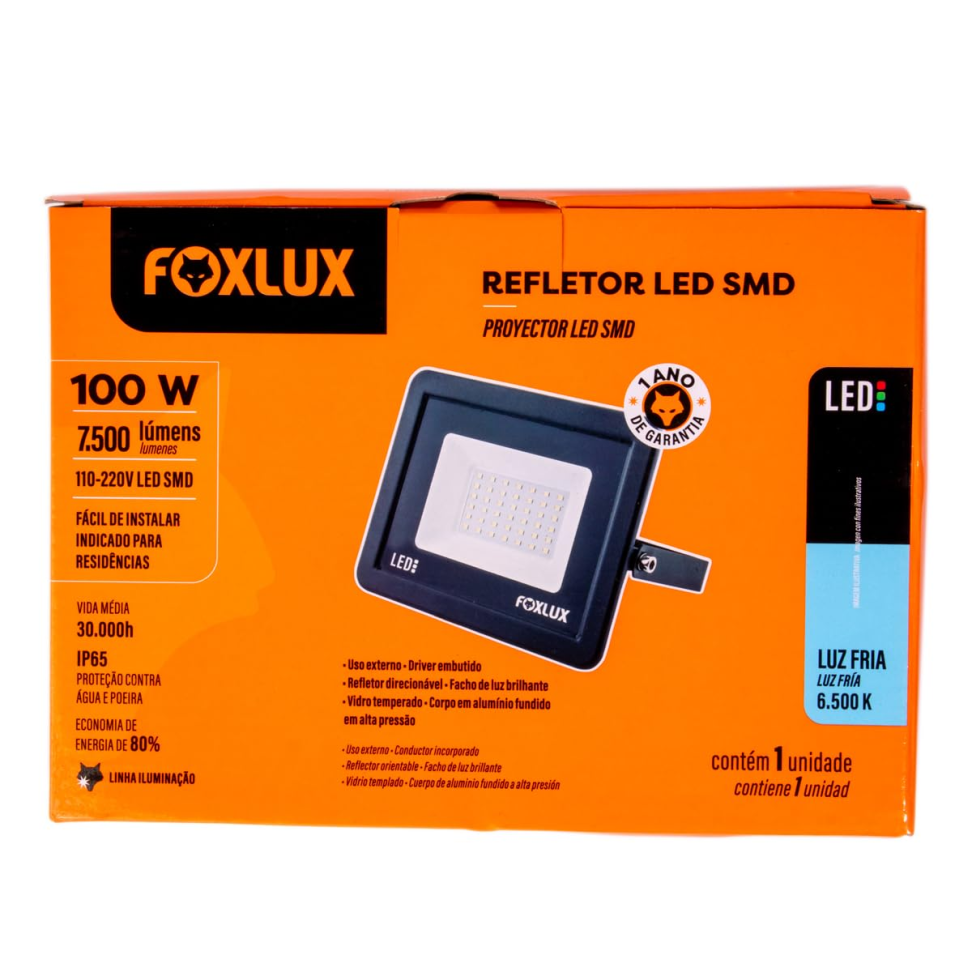 Refletor Led Foxlux Slim 100W 6500K Bivolt Preto