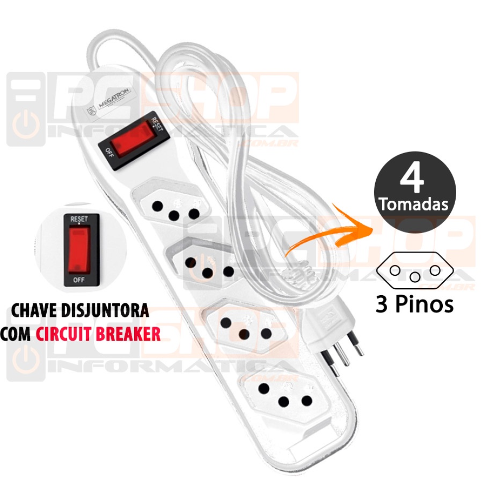 Extensão Elétrica Filtro de Linha 1,3m 4 Tomadas