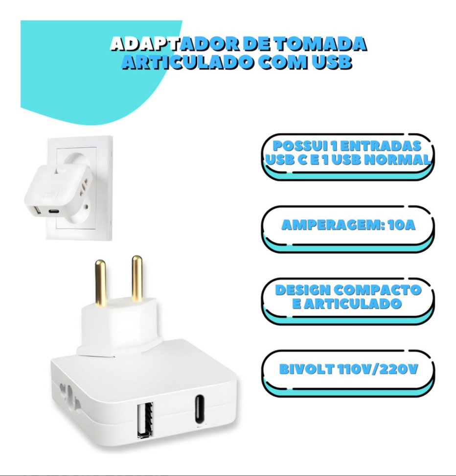 Adaptador de Tomada Benjamin T Articulado Bivolt USB C