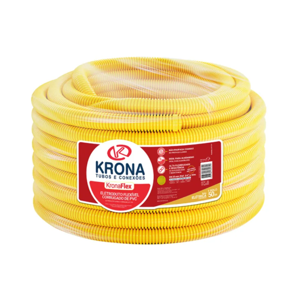 Eletroduto Conrrugado Krona PVC 25mm x 50m Amarelo