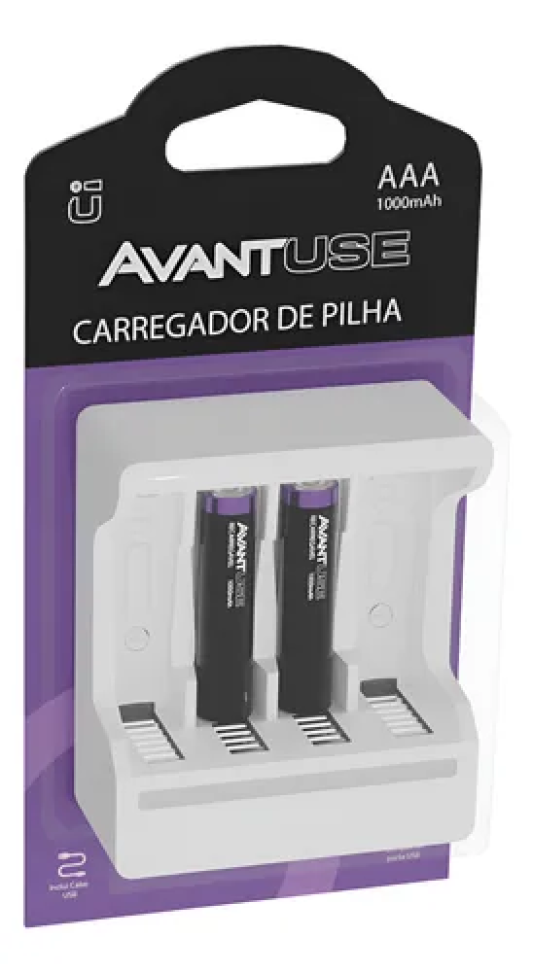 Kit Avant 02 Pilhas Recarregáveis AAA + Carregador 1000mah